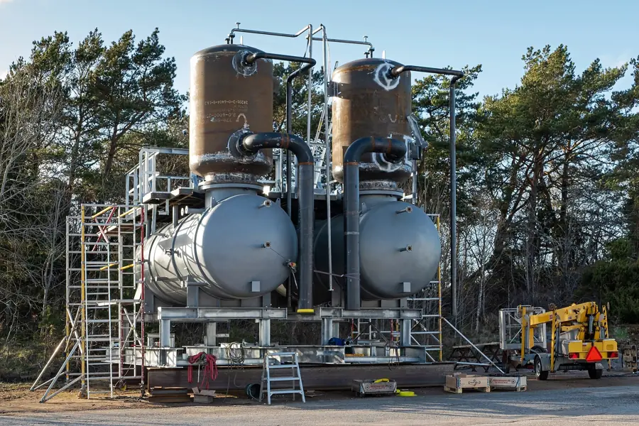 Skid-mounted pressure vessels under construction